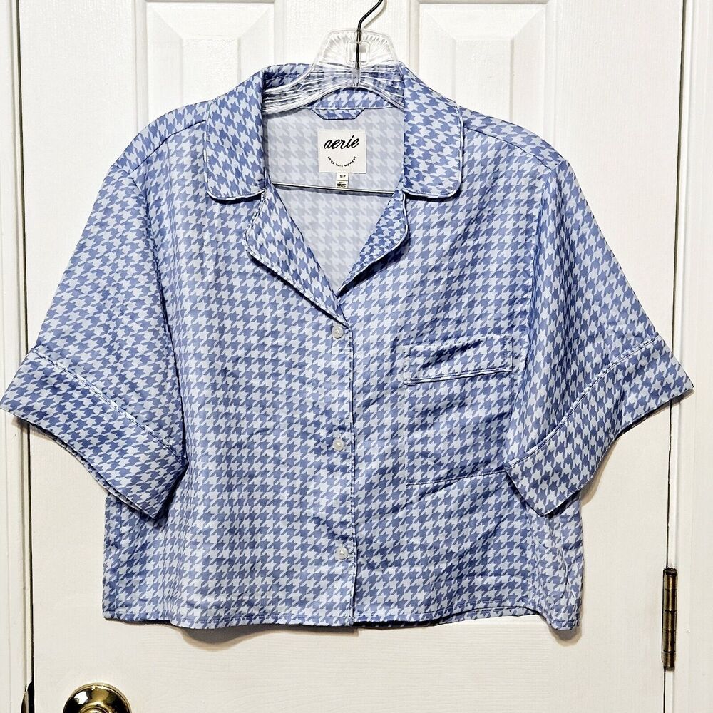 NWOT Aerie Pajama Top Silky Blue and White button down Small